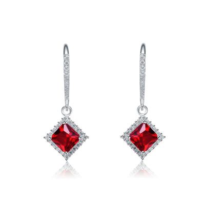 Rozzato Lab Created Sterling Silver White Gold Plating with Ruby Red Cubic Zirconia Dangle Earrings