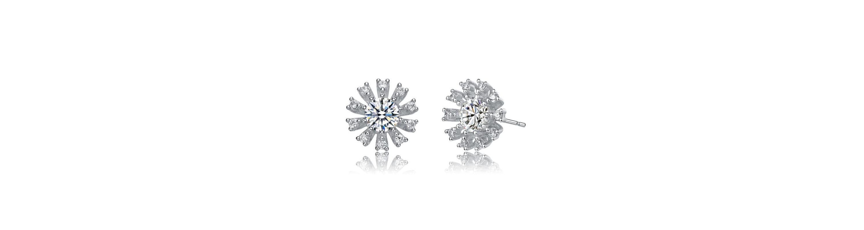 Lab Created Sterling Whtie Gold Plated with Clear Round & Baguette Cubic Zirconia Flower Stud Earrings