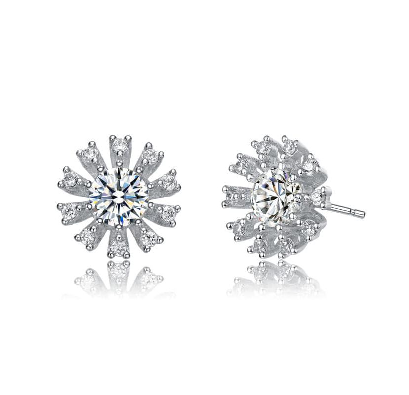 Lab Created Sterling Whtie Gold Plated with Clear Round & Baguette Cubic Zirconia Flower Stud Earrings