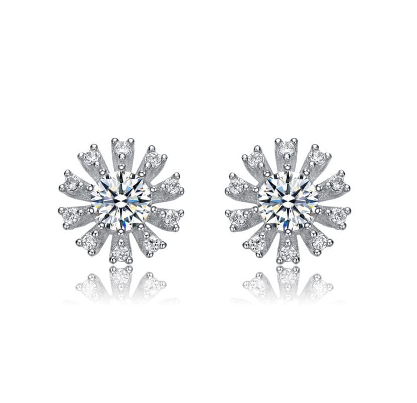 Lab Created Sterling Whtie Gold Plated with Clear Round & Baguette Cubic Zirconia Flower Stud Earrings