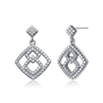 Rozzato Lab Created Sterling Silver White Gold Plated with Clear Cubic Zirconia Rhombus Shape Dangle Earrings