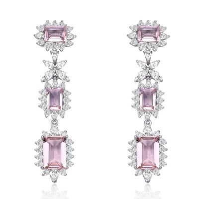 Rozzato Lab Created Sterling Silver White Gold Plated with Morganite Cubic Zirconia Halo Three-Stone Earrings