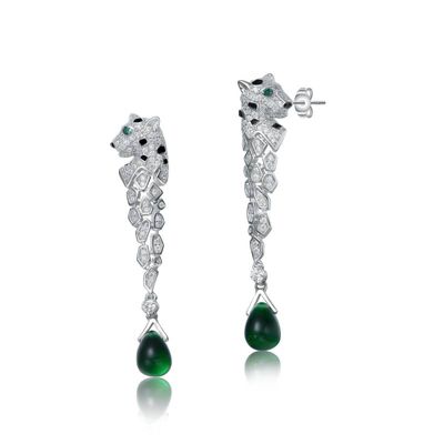 Rozzato Lab Created Sterling Silver White Gold Plated with Emerald Green Cubic Zirconia Fauna Drop Earrings