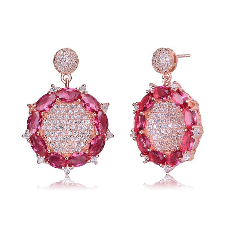 Lab Created Sterling Silver 18K Rose Gold Plated with Ruby Red Cubic Zirconia Accent Drop Earrings