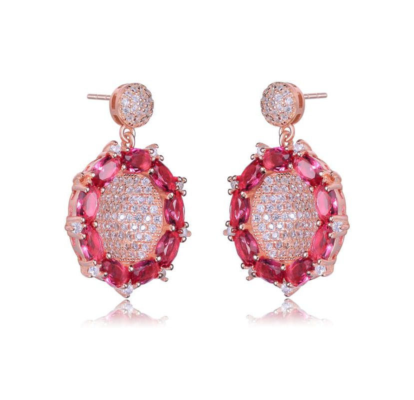 Lab Created Sterling Silver 18K Rose Gold Plated with Ruby Red Cubic Zirconia Accent Drop Earrings