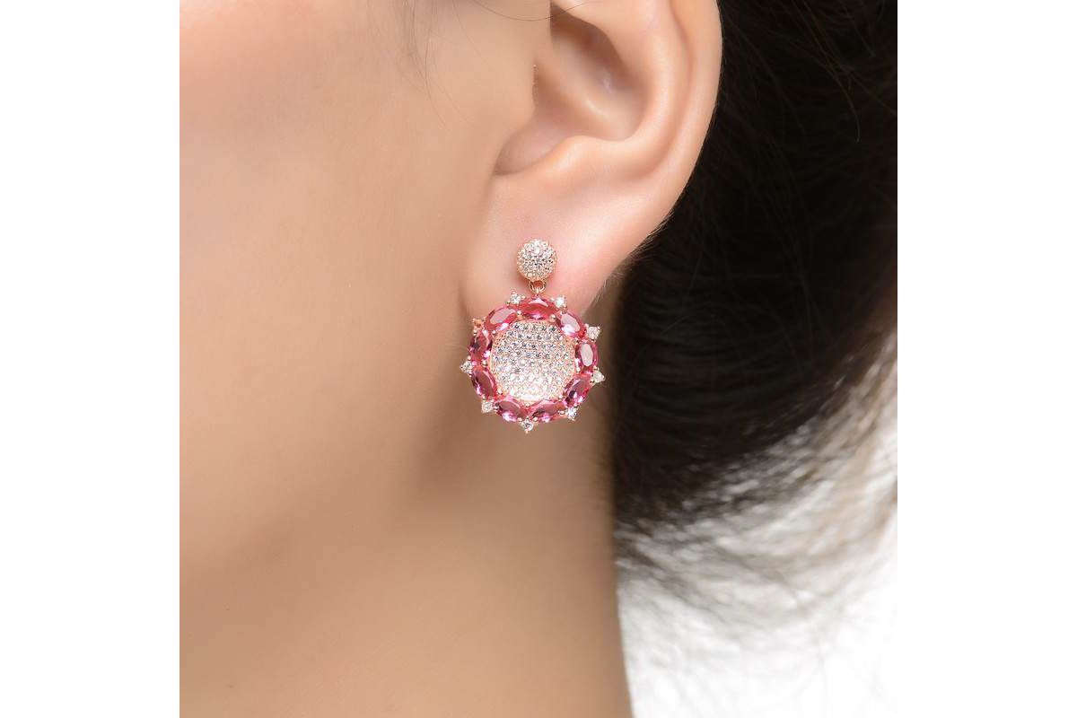 Lab Created Sterling Silver 18K Rose Gold Plated with Ruby Red Cubic Zirconia Accent Drop Earrings