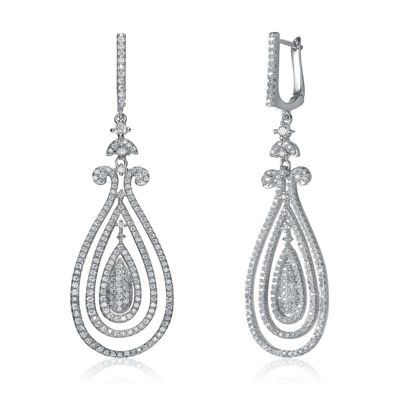 Rozzato Lab Created Sterling Silver White Gold Plated with Clear Cubic Zirconia Triple Outlined Teardrop Earrings