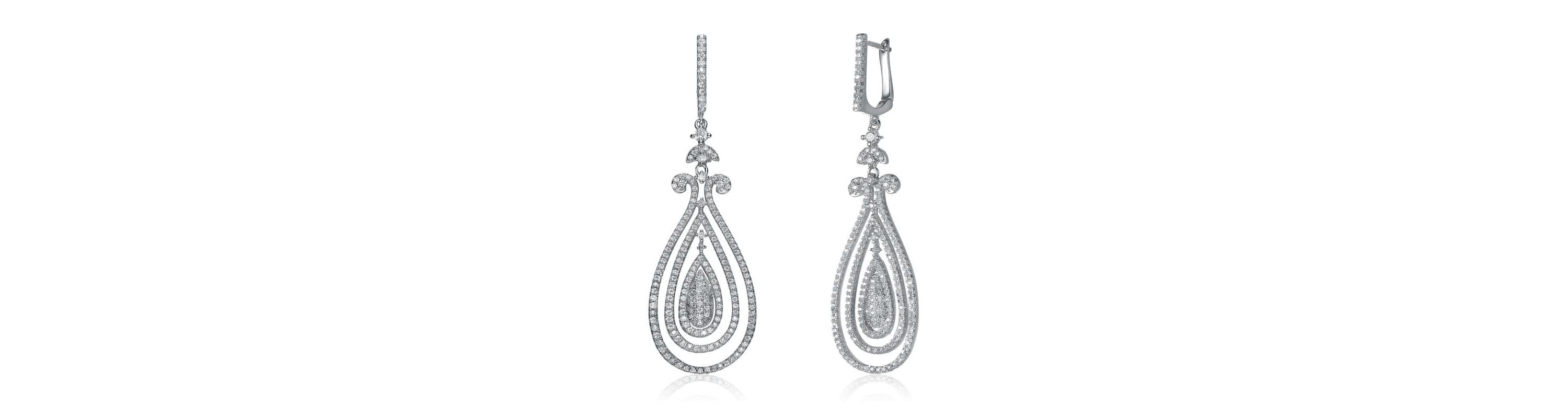 Lab Created Sterling Silver White Gold Plated with Clear Cubic Zirconia Triple Outlined Teardrop Earrings