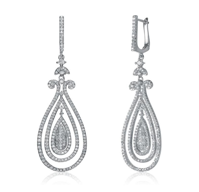 Lab Created Sterling Silver White Gold Plated with Clear Cubic Zirconia Triple Outlined Teardrop Earrings