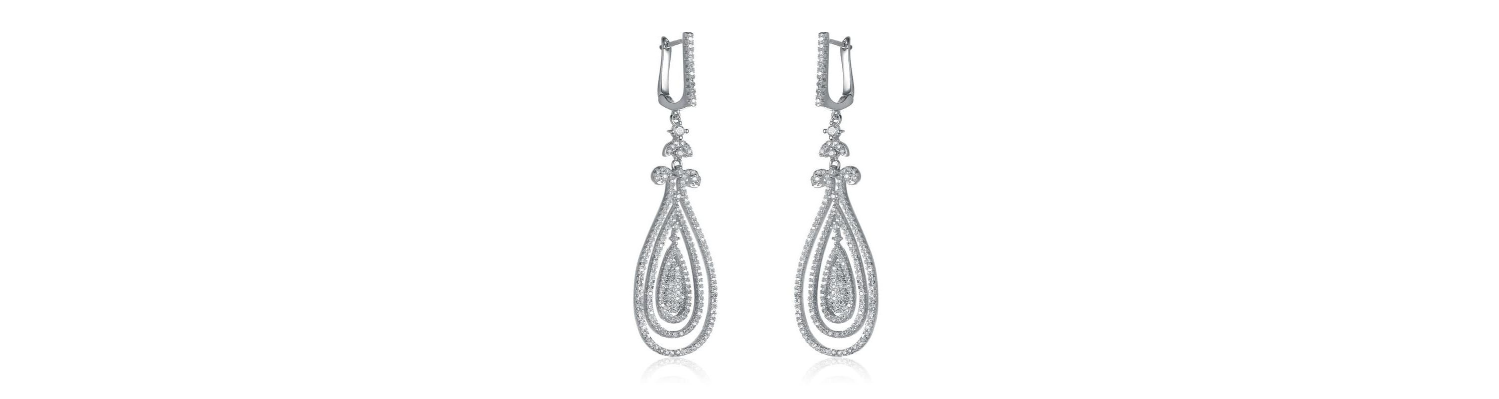 Lab Created Sterling Silver White Gold Plated with Clear Cubic Zirconia Triple Outlined Teardrop Earrings