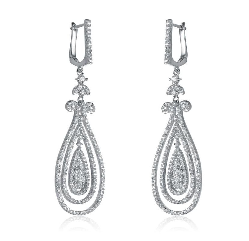 Lab Created Sterling Silver White Gold Plated with Clear Cubic Zirconia Triple Outlined Teardrop Earrings