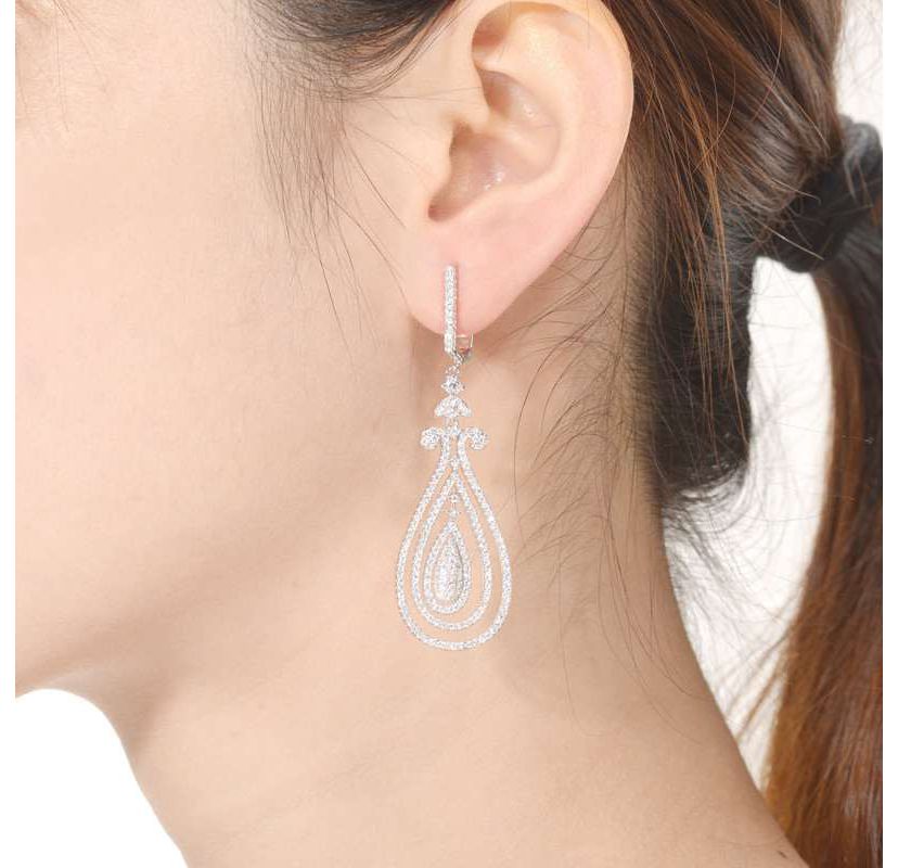 Lab Created Sterling Silver White Gold Plated with Clear Cubic Zirconia Triple Outlined Teardrop Earrings