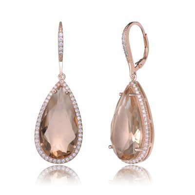 Rozzato Lab Created Sterling Silver 18K Rose Gold Plated with Peach Color Cubic Zirconia Teardrop Leverback Earrings