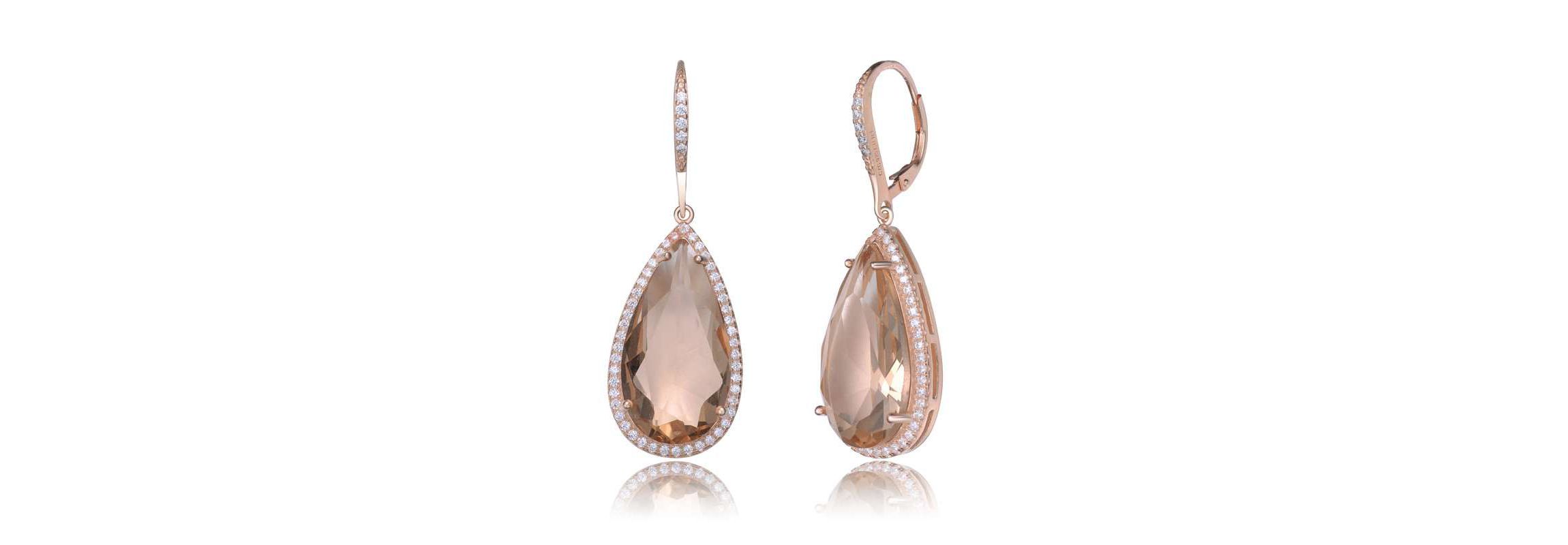 Lab Created Sterling Silver 18K Rose Gold Plated with Peach Color Cubic Zirconia Teardrop Leverback Earrings