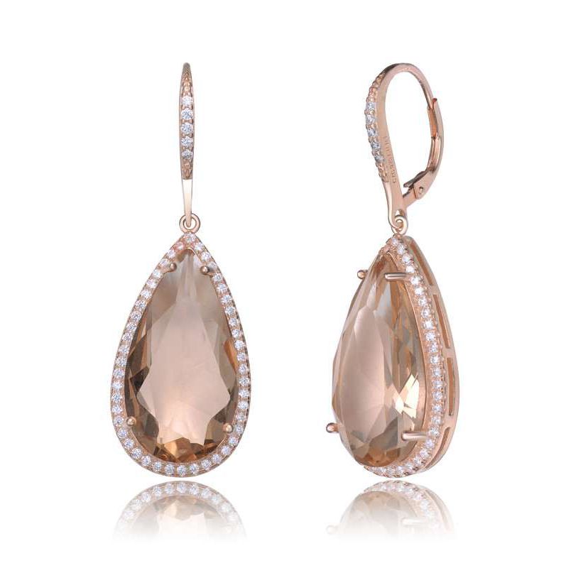 Lab Created Sterling Silver 18K Rose Gold Plated with Peach Color Cubic Zirconia Teardrop Leverback Earrings