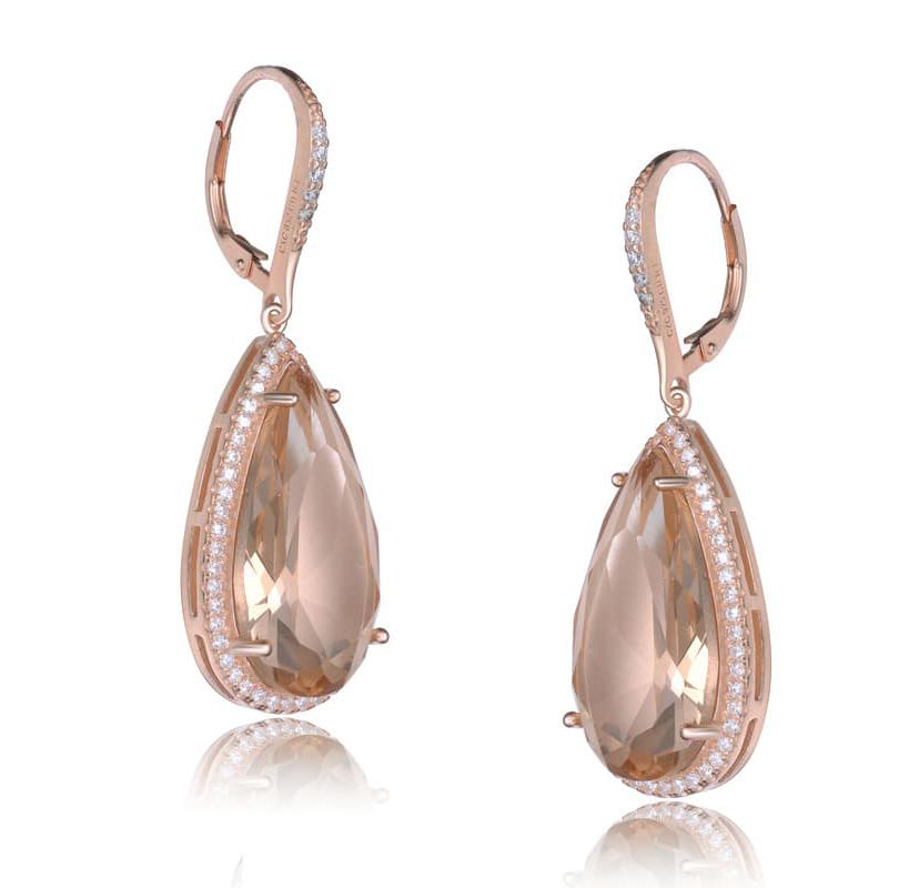Lab Created Sterling Silver 18K Rose Gold Plated with Peach Color Cubic Zirconia Teardrop Leverback Earrings