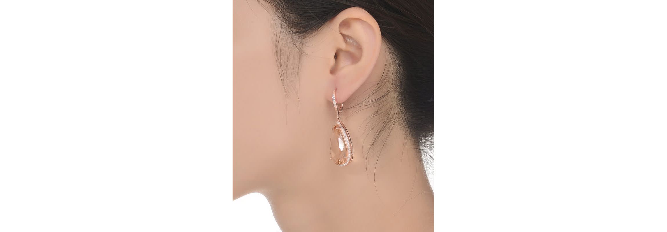 Lab Created Sterling Silver 18K Rose Gold Plated with Peach Color Cubic Zirconia Teardrop Leverback Earrings