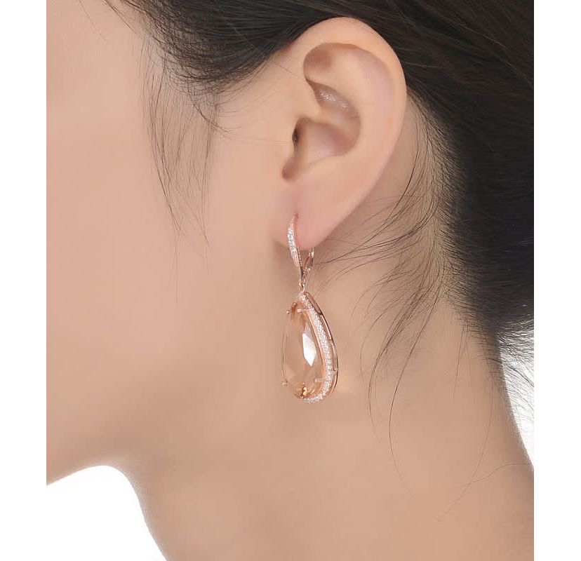 Lab Created Sterling Silver 18K Rose Gold Plated with Peach Color Cubic Zirconia Teardrop Leverback Earrings
