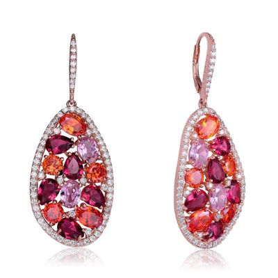 Rozzato Lab Created Sterling Silver 18K Rose Gold Plating with Ruby Red Cubic Zirconia Cluster Teardrop Earrings