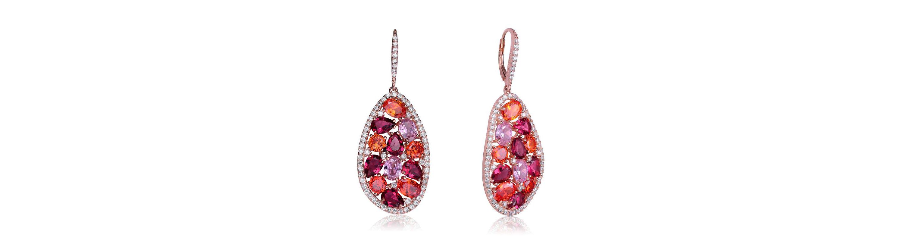 Lab Created Sterling Silver 18K Rose Gold Plating with Ruby Red Cubic Zirconia Cluster Teardrop Earrings