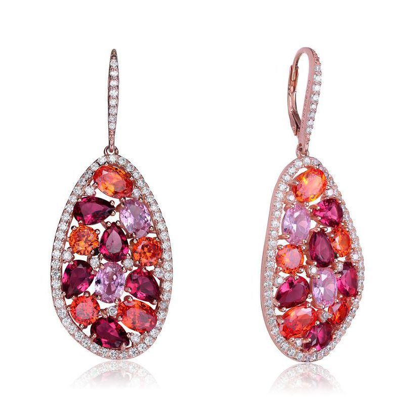 Lab Created Sterling Silver 18K Rose Gold Plating with Ruby Red Cubic Zirconia Cluster Teardrop Earrings