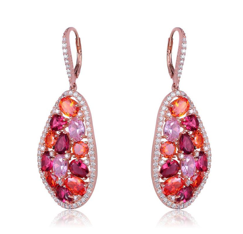 Lab Created Sterling Silver 18K Rose Gold Plating with Ruby Red Cubic Zirconia Cluster Teardrop Earrings