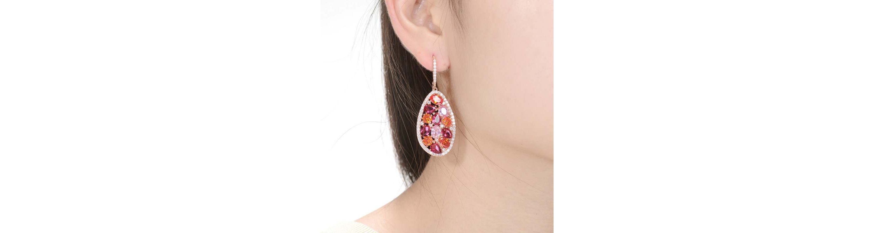 Lab Created Sterling Silver 18K Rose Gold Plating with Ruby Red Cubic Zirconia Cluster Teardrop Earrings