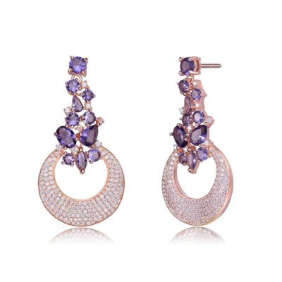 Rozzato Lab Created Sterling Silver 18K Rose Gold Plating with Amethyst Cubic Zirconia Open Circle Dangle Earrings