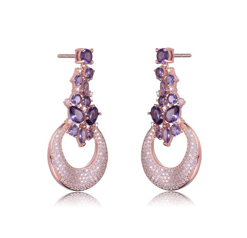 Lab Created Sterling Silver 18K Rose Gold Plating with Amethyst Cubic Zirconia Open Circle Dangle Earrings