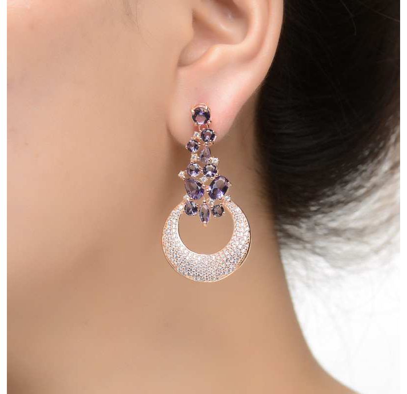 Lab Created Sterling Silver 18K Rose Gold Plating with Amethyst Cubic Zirconia Open Circle Dangle Earrings