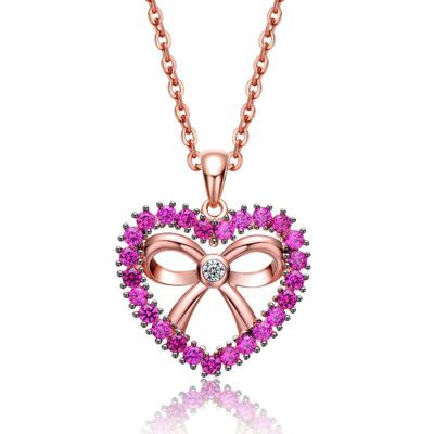Rozzato Lab Created 18K Rose Gold Plated with Ruby Red Cubic Zirconia Heart Shaped Pendant for Kids