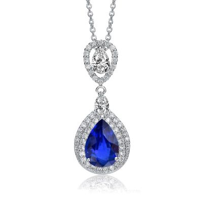Rozzato Lab Created White Gold Plated With Sapphire Blue Cubic Zirconia Double Halo Dangle Pendant Necklace