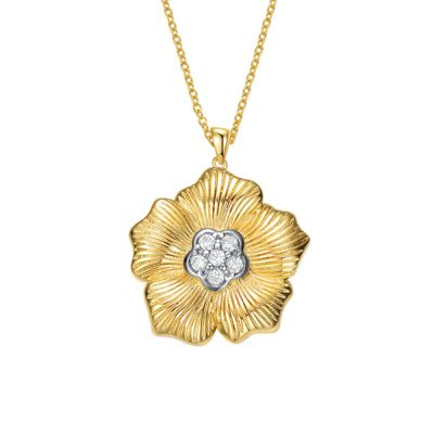 Rozzato Lab Created Two-Tone with Clear Cubic Zirconia 5 Petals Floral Pendant