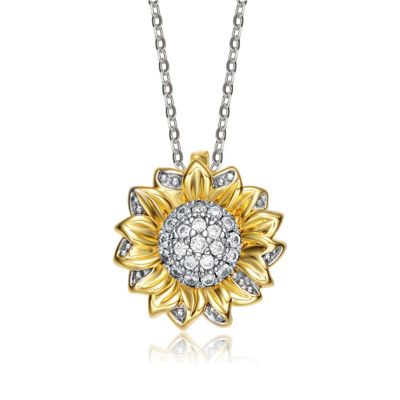 Rozzato Lab Created Two-Tone with Clear Sunflower Cubic Zirconia Floral Pendant