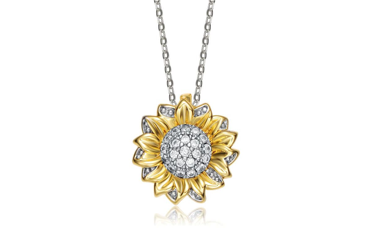 Lab Created Two-Tone with Clear Sunflower Cubic Zirconia Floral Pendant