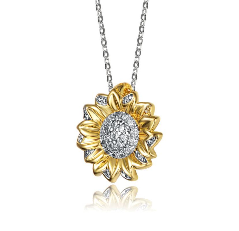 Lab Created Two-Tone with Clear Sunflower Cubic Zirconia Floral Pendant