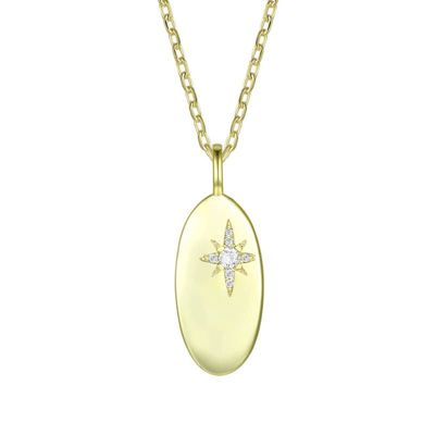 Rozzato Lab Created 14K Gold Plated with Clear Star Cubic Zirconia Oval Shaped Pendant Necklace