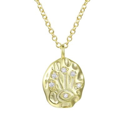 Rozzato Lab Created 14K Gold Plated with Clear Cubic Zirconia Hammered Pendant Necklace