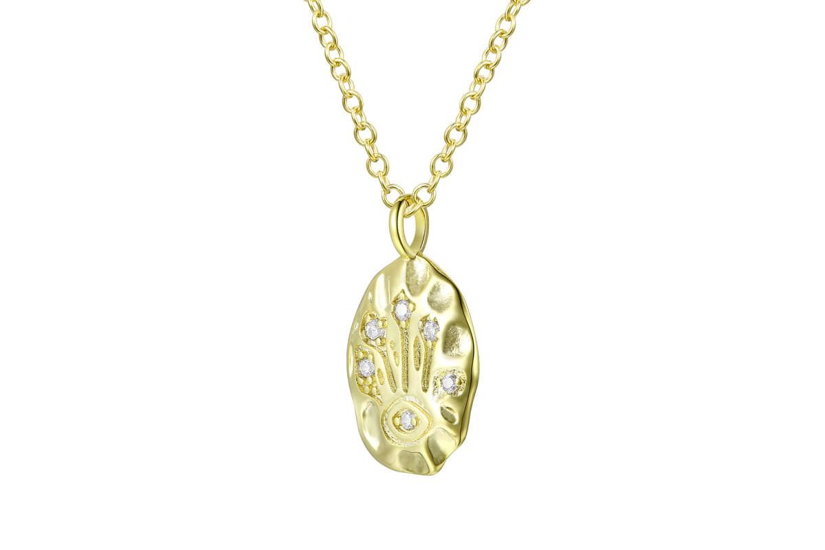 Lab Created 14K Gold Plated with Clear Cubic Zirconia Hammered Pendant Necklace
