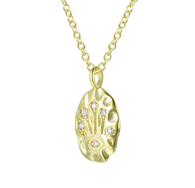 Lab Created 14K Gold Plated with Clear Cubic Zirconia Hammered Pendant Necklace