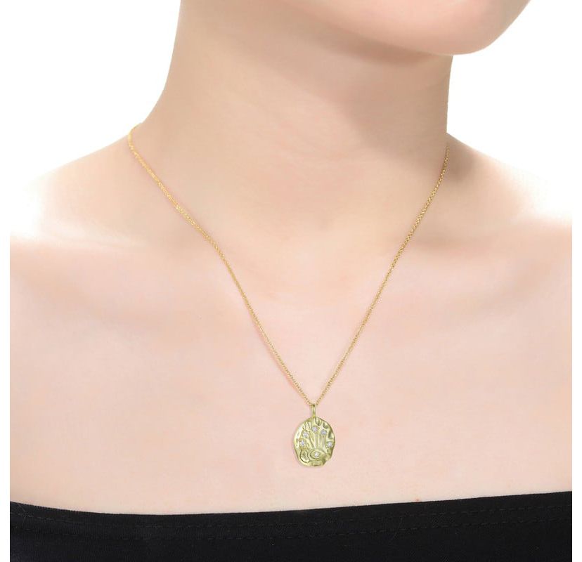 Lab Created 14K Gold Plated with Clear Cubic Zirconia Hammered Pendant Necklace