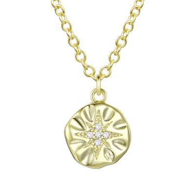 Rozzato Lab Created 14K Gold Plated With Clear Cubic Zirconia Engraved Round Pendant Necklace