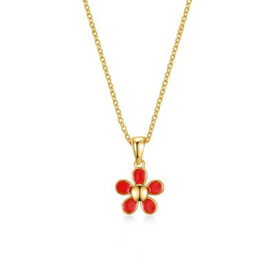 Rozzato Lab Created 14K Gold Plated with Red Enamel Blooming Flower Layering Necklace for Toddler/Kids