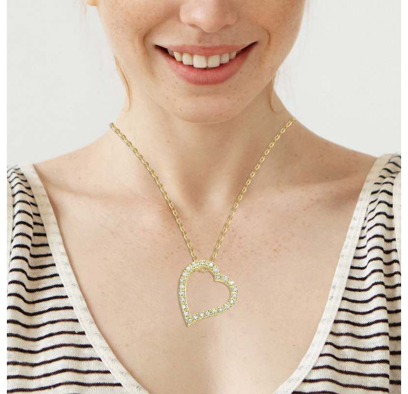Lab Created 14K Gold Plated with Clear Cubic Zirconia Ribbon Heart Halo Floating Pendant Necklace