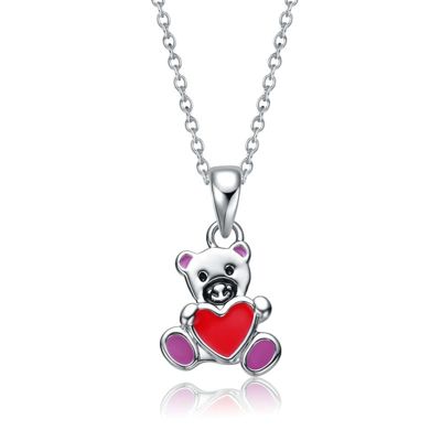 Rozzato Lab Created White Gold Plated with Red Enameled Heart Teddy Bear Pendant Charm for Kids