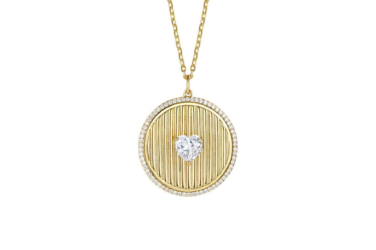 Lab Created 14K Gold Plated with Clear Cubic Zirconia Heart Medallion Pendant Necklace