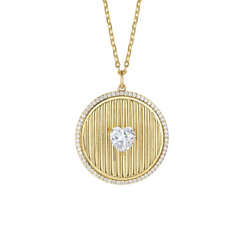Lab Created 14K Gold Plated with Clear Cubic Zirconia Heart Medallion Pendant Necklace