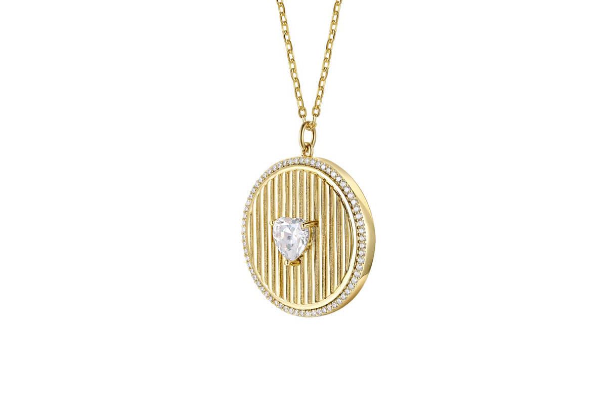 Lab Created 14K Gold Plated with Clear Cubic Zirconia Heart Medallion Pendant Necklace