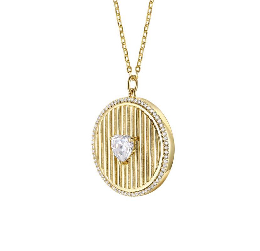 Lab Created 14K Gold Plated with Clear Cubic Zirconia Heart Medallion Pendant Necklace