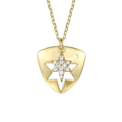 Rozzato Lab Created 14K Gold Plated with Clear Cubic Zirconia Laser-Cut 6-Pointed Star Triangle Shield Pendant Necklace